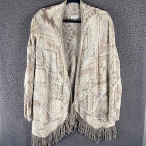 Lucky Brand Women’s Medium Aztec Brushed Fringe Tan Cardigan Boho Southwestern